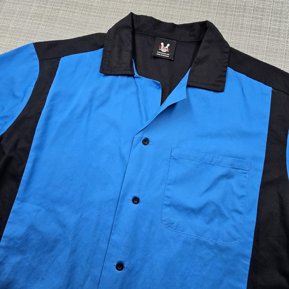 Hilton Bowling Shirt Mens Medium Blue Black Colorblock Short Sleeve Button Up